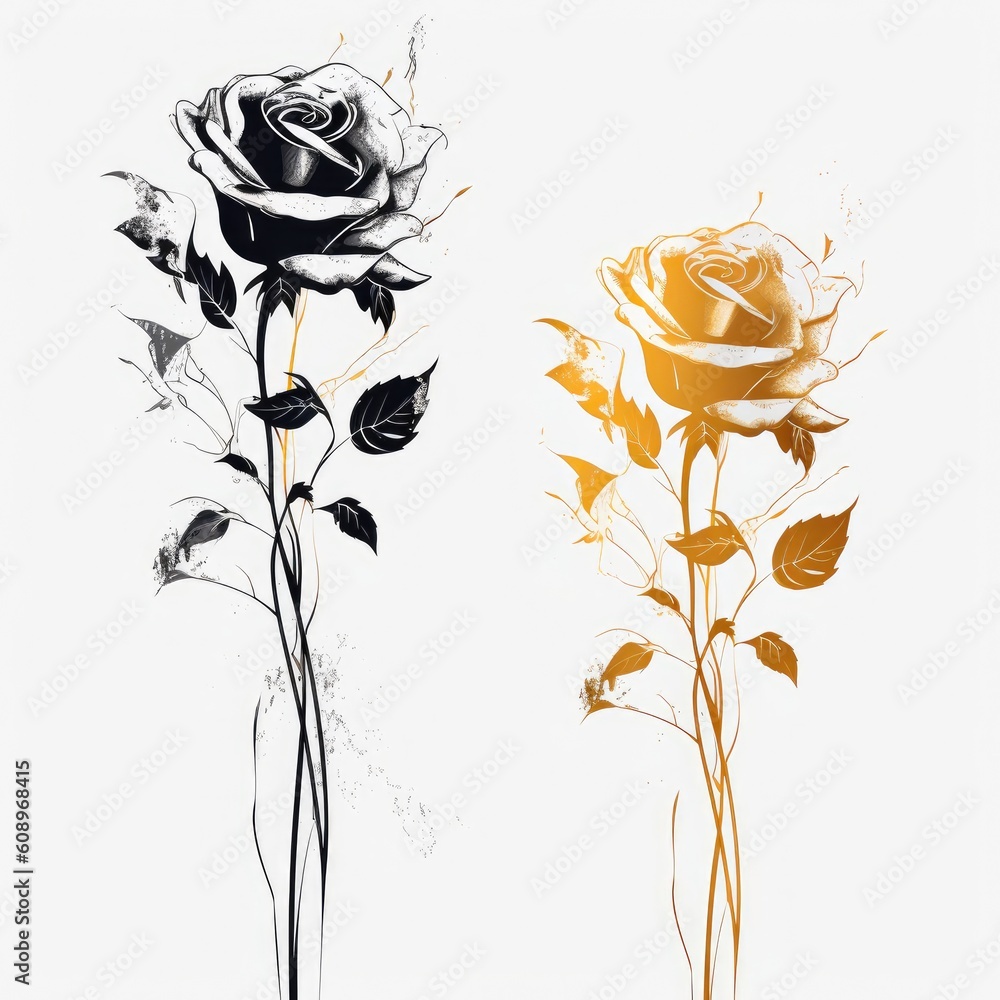 Wall mural Gold and black flower roses art abstract style with white background Generative AI Illustration