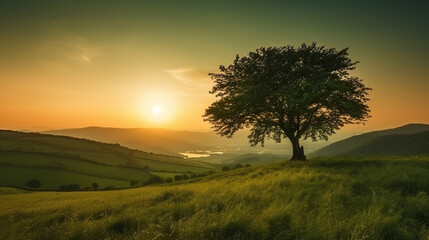 Obraz premium Sunset view from under a tree on a green meadow with hills. Generative AI.