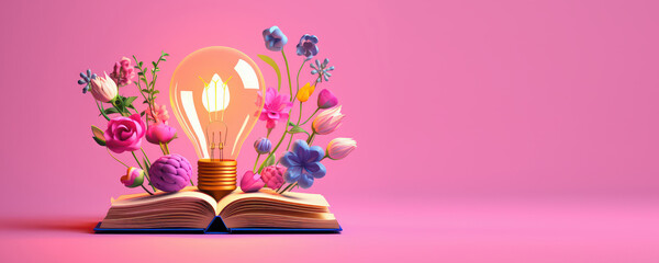 Lightbulb with Flowers on Open Book, Getting Smart and Intelligent from Reading Book. Created with Ai
