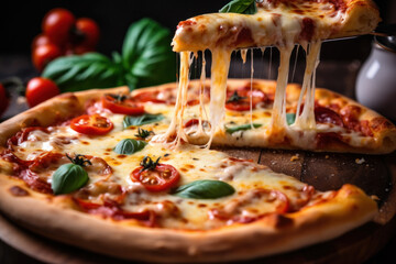 Fresh Homemade Italian Pizza Margherita with buffalo mozzarella and basil - obrazy, fototapety, plakaty