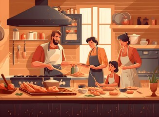 Happy family cooking together on kitchen. Mother and daughter reading recipe to father and son. Dad and boy chopping green vegetable leaf for salad. Home recreation and food preparation on weekend ,Ge