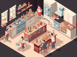 Overjoyed young family with little preschooler kids have fun cooking baking pastry or pie at home together, happy smiling parents enjoy weekend play with small children doing bakery cooking in kitchen