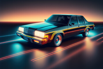 Obraz na płótnie Canvas 80s styled abstract retro car. Vintage automotive design in neon lights. Generated AI.