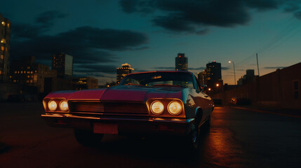 Fototapeta na wymiar Vintage muscle car parked on the street at night. 80s styled synthwave retro scene with powerful drive in evening. Generated AI.