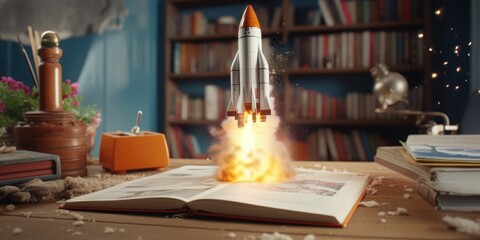 Rocket Launch From an Open Book, Education and Business Sartup Concept. Created with Ai