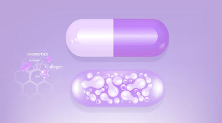 Probiotic and Hyaluronic acid skin solutions ad, purple collagen, and vitamin serum drops with cosmetic advertising background ready to use illustration vector.