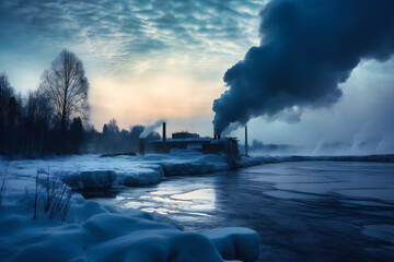 factory smoke emitting into frozen river