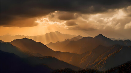 Obraz na płótnie Canvas Golden Horizon: Majestic Mountain Silhouette at Dusk – Generative AI