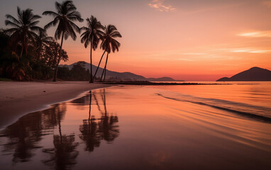 Fototapeta na wymiar Beautiful sunset beach. Coconut trees stand tall along the shore, while the setting sun creates a brilliant spectacle on the serene beach. Generative AI