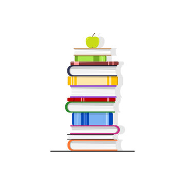 A stack of various books with a sweet apple.