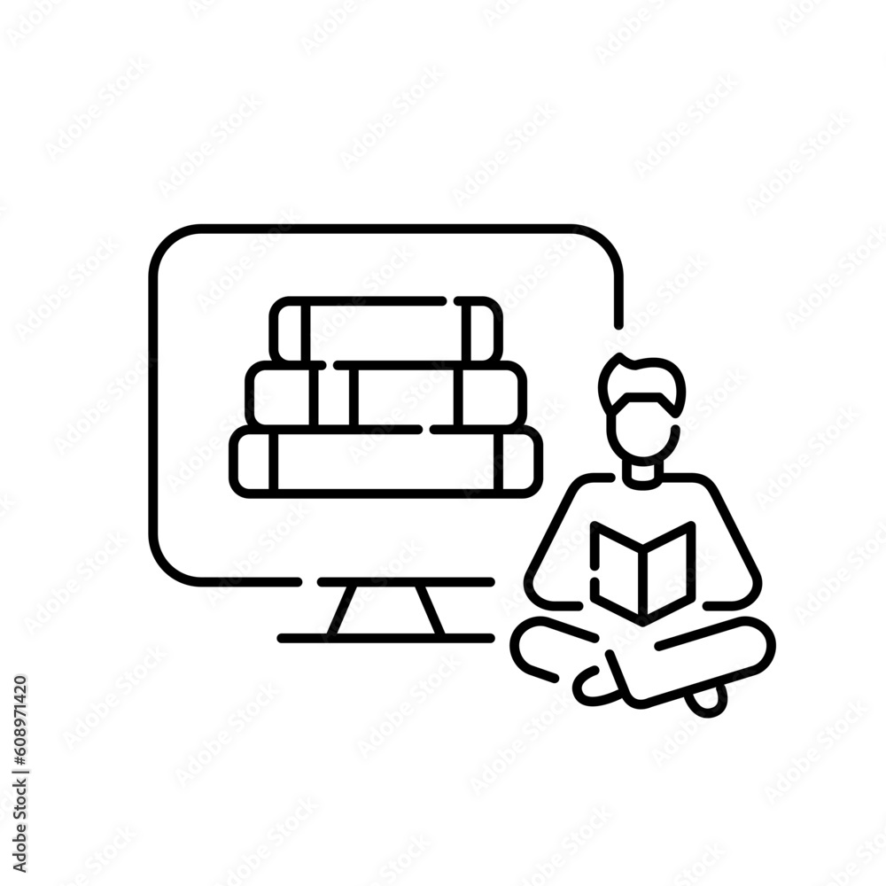 Poster man studying reading a book sitting with legs crossed. learning from home using digital library. pix