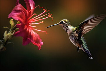 Macro image of a hummingbird feeding nectar from a flower.