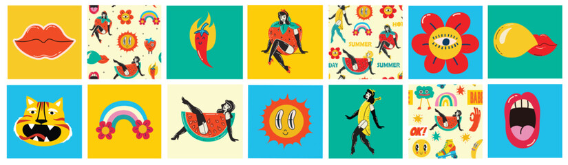 Collection multicolored vintage pop art summer stickers elements decorative design vector illustration. Set groovy style girls, strawberry, sun, sunglasses, rainbow arch