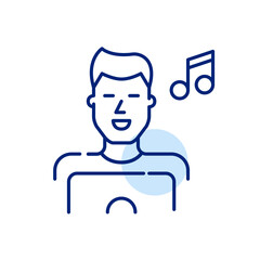 Smiling young man listening to music or podcast at his laptop. Pixel perfect, editable stroke simple icon 