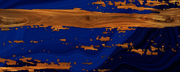 turquoise epoxy resin panel with walnut, texture for design.