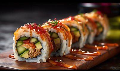 Sushi roll with salmon, smoked eel, avocado, cream cheese on black background. Sushi menu. Japanese...