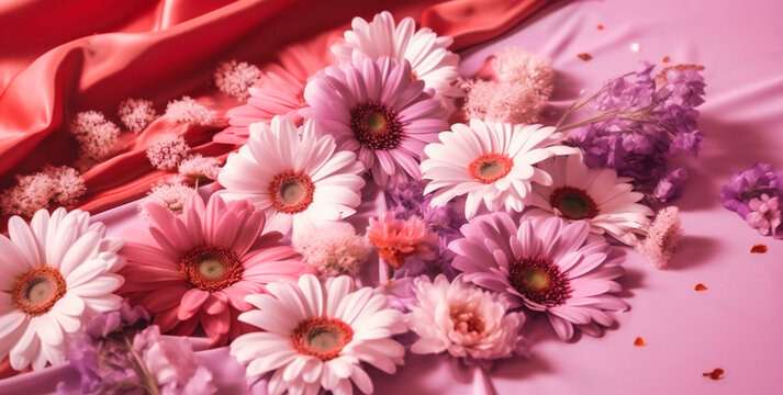 a pink sheet of pink and white flowers on a pink background