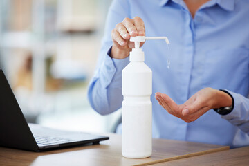 Hands, sanitizer and cleaning in office for health, safety and wellness for hygiene. Sanitize,...