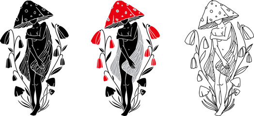 Vector illustration of mushroom girl for t shirt design. Mushroom with graceful female legs. Abstract lady with mushroom hat. Hand drawn modern Vector illustration. Unique Psychedelic creature.