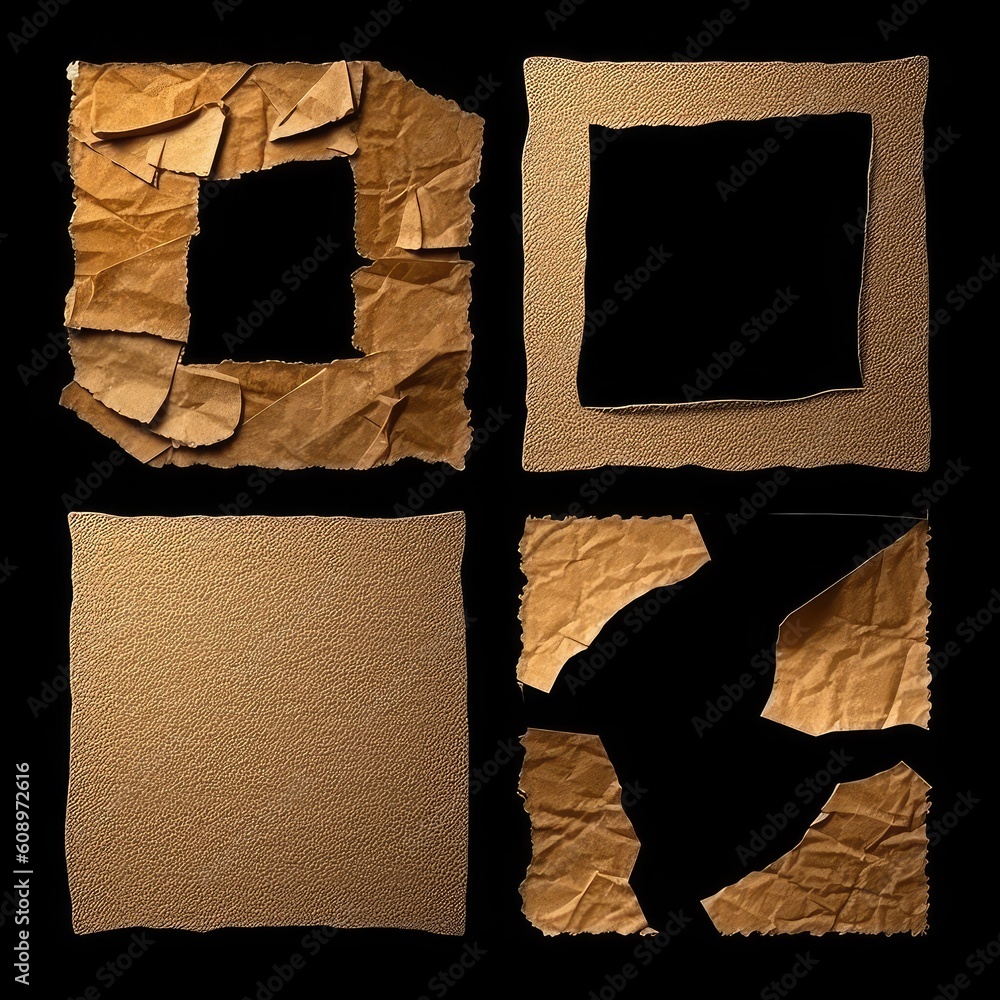 Poster collection of old paper. torn cardboard pieces texture collection isolated on black background. gene