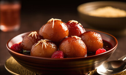 Gulab Jamun with almond and saffron served in white bowl