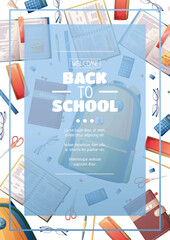 Poster template with school backpack, textbooks and stationery. Flyer design on the theme of school, education. Back to school, school time, studying. Banner, background, poster size a4