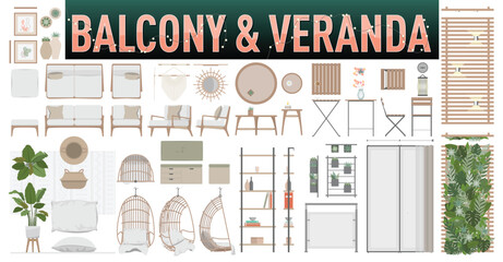 Balcony, Veranda or Terrace Furniture Set with Top and Side Views for Interior Architectural Drawings