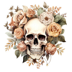 Boho Skull Floral Watercolor Clipart Illustration, Skull Vintage, Skull Art, made with generative AI