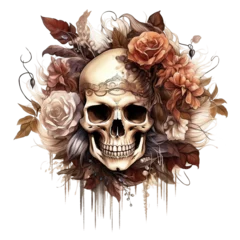 Papier Peint photo autocollant Crâne aquarelle Boho Skull Floral Watercolor Clipart Illustration, Skull Vintage, Skull Art, made with generative AI