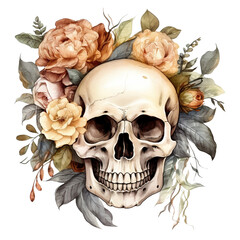 Boho Skull Floral Watercolor Clipart Illustration, Skull Vintage, Skull Art, made with generative AI