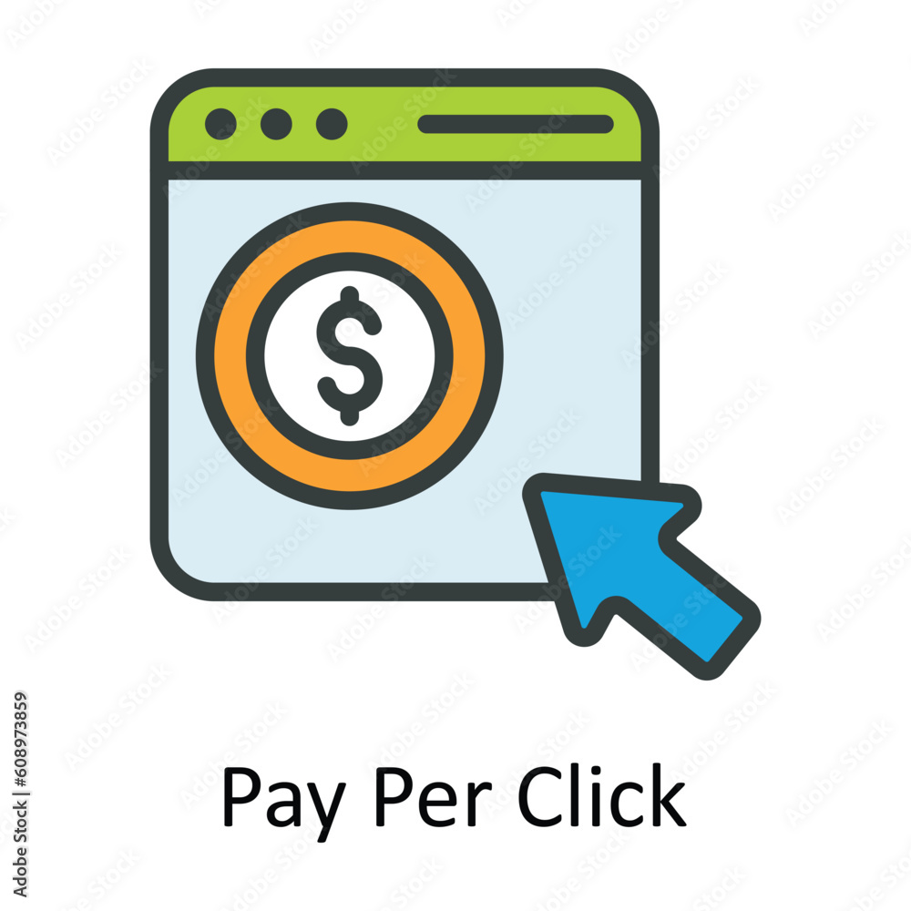Poster pay per click vector fill outline icon design illustration. digital marketing symbol on white backgr