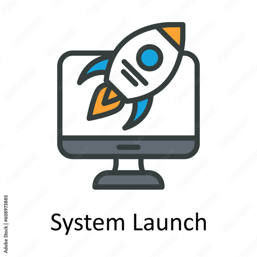 Poster system launch vector fill outline icon design illustration. digital marketing symbol on white backgr