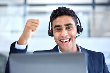 Call center, success or man in telemarketing talking in customer service celebration in working on computer screen. Happy agent, businessman and consulting operator cheers on crm and sales support