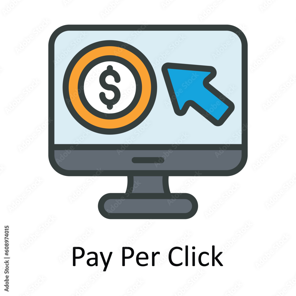 Poster pay per click vector fill outline icon design illustration. digital marketing symbol on white backgr