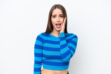Young pretty caucasian woman isolated on white background with surprise and shocked facial...