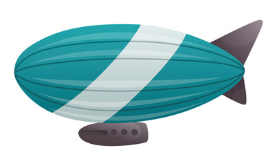 Zeppelin passenger airship. Bright colored cigar shaped balloon or retro zeppelin with stripes cabin for people elongated. Huge balloon with helium for free travel tourism. Vector cartoon art © designer_things