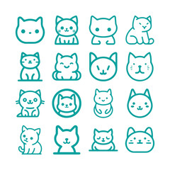 Cute Cartoon cat, kitten face line vector sticker set isolated on white
