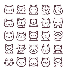 Cute Cartoon cat, kitten face line vector sticker set isolated on white