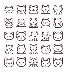 Obraz na płótnie Canvas Cute Cartoon cat, kitten face line vector sticker set isolated on white