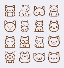 Cute Cartoon cat, kitten face line vector sticker set isolated on white