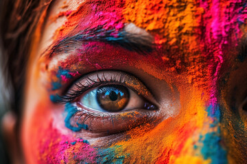 Close-up of a young woman's face covered in bright, colorful paint, with focus of image on a single eye, ai generated illustration