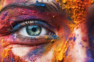 A young woman's face in closeup covered in bright, colorful paint. focus of illustration on a single eyes ai generated 