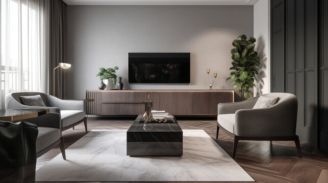 living room interior with an impeccable interior design. The sleek sideboard beautifully complements the contemporary decor, Generative AI
