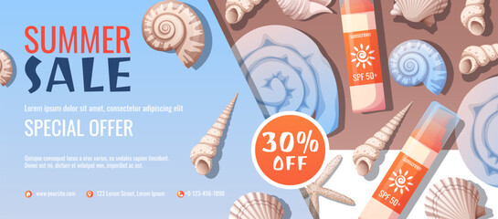 Obraz premium Summer banner with beach accessories. Discount coupon, special summer offer. Background, flyer with seashells, bag, sunscreen