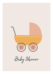 Baby shower girl and boy poster or card, vector template. Baby shower pastel invitation with stroller, and hand-drawn text on beige background 
