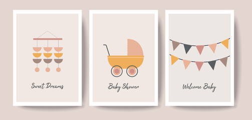 Baby shower girl and boy posters, vector templates. Baby shower pastel invitations with stroller, flags, and hand drawn text on beige background 
