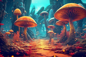 Fototapeta na wymiar Magical strange world and mushrooms. Generative AI
