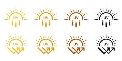 SPF Protection, Sunscreen Lotion Icon Set. Sunblock Cream Label. Skin Protect, Danger UV Sunlight Pictogram. Block Solar Radiation and Ultraviolet Rays Symbol Collection. Isolated Vector Illustration