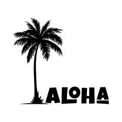 Logo vacaciones en Hawái. Letras de la palabra aloha con letras estilo hawaiano en la arena de una playa con silueta de la palma © teracreonte