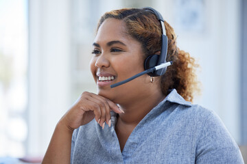 Happy, call center and woman consulting for crm, faq or contact us in office with friendly service....